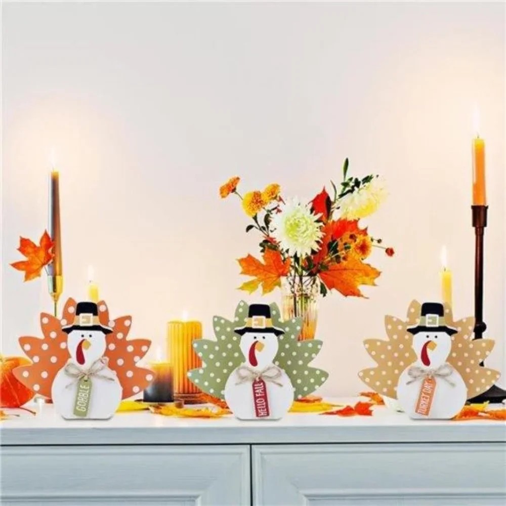 Thanksgiving Fall Decorations, Set of 3 Tabletop Turkey Decor‎ Wood Table Sign